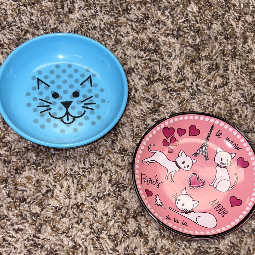 Blue and Pink Cat-Themed Bowls